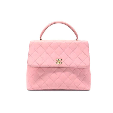 Chanel Vintage Top Handle Kelly Flap Bag Pink Quilted Caviar Leather 24k Gold Plated Hardware
