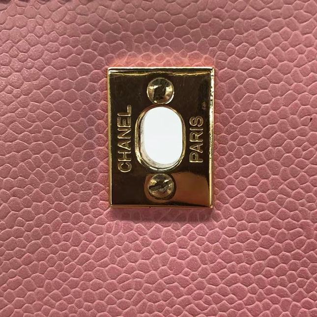 Chanel Vintage Top Handle Kelly Flap Bag Pink Quilted Caviar Leather 24k Gold Plated Hardware