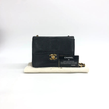 Chanel Mini Square Flap Bag Vintage Black Lizard-skin Leather 24k Gold Plated Hardware, 2000-2002