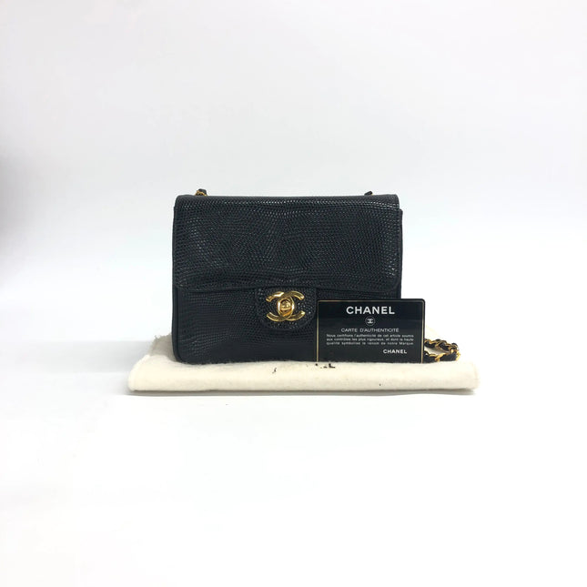 Chanel Mini Square Flap Bag Vintage Black Lizard-skin Leather 24k Gold Plated Hardware, 2000-2002