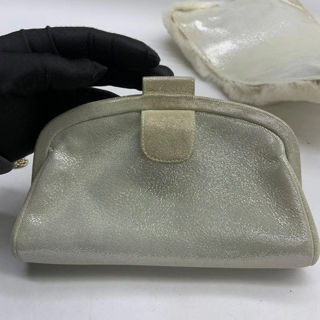 Chanel White Rabbit Fur Kiss Lock Clutch Chain Bag