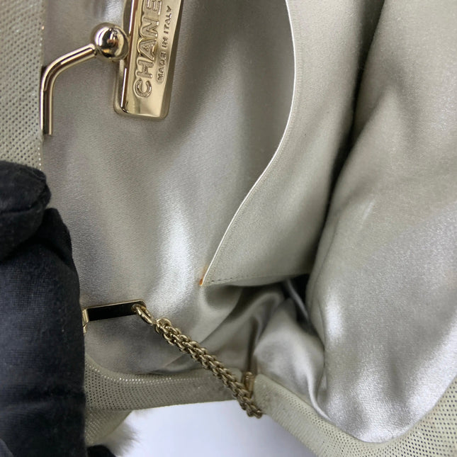 Chanel White Rabbit Fur Kiss Lock Clutch Chain Bag