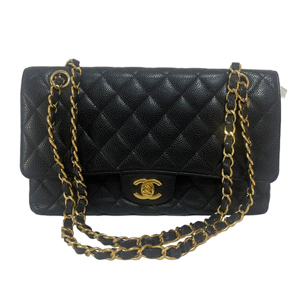 Chanel Classic Flap Medium Black Caviar Leather Double Flap Gold Hardware-Luxbags