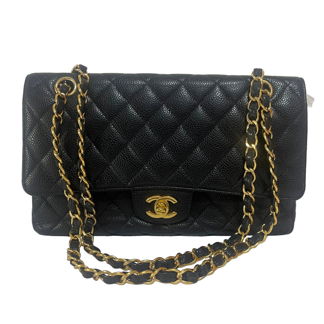 Chanel Classic Flap Medium Black Caviar Leather Double Flap Gold Hardware-Luxbags