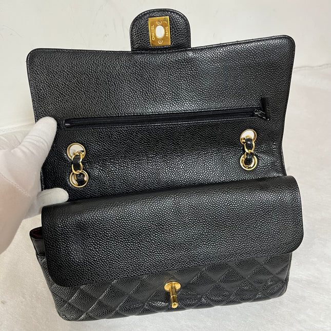 Chanel Classic Flap Medium Black Caviar Leather Double Flap Gold Hardware