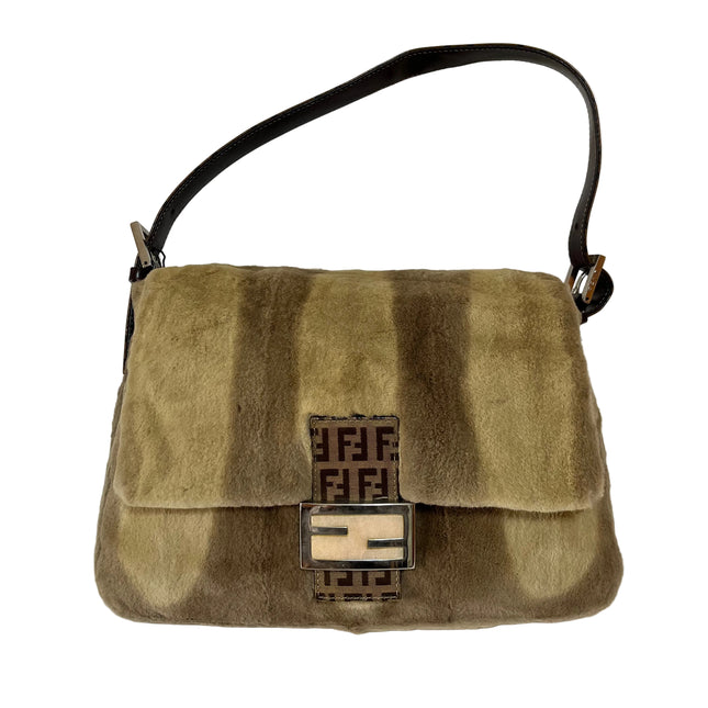 Fendi Mamma Baguette Brown Beige Soft Fur Shoulder Bag