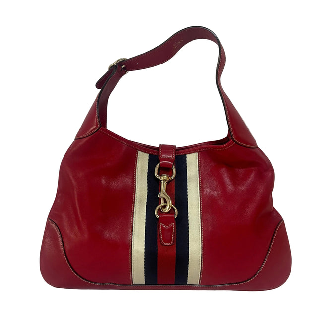 Gucci Jackie Vintage Bouvier Hobo Red Leather with Web Accent-Luxbags