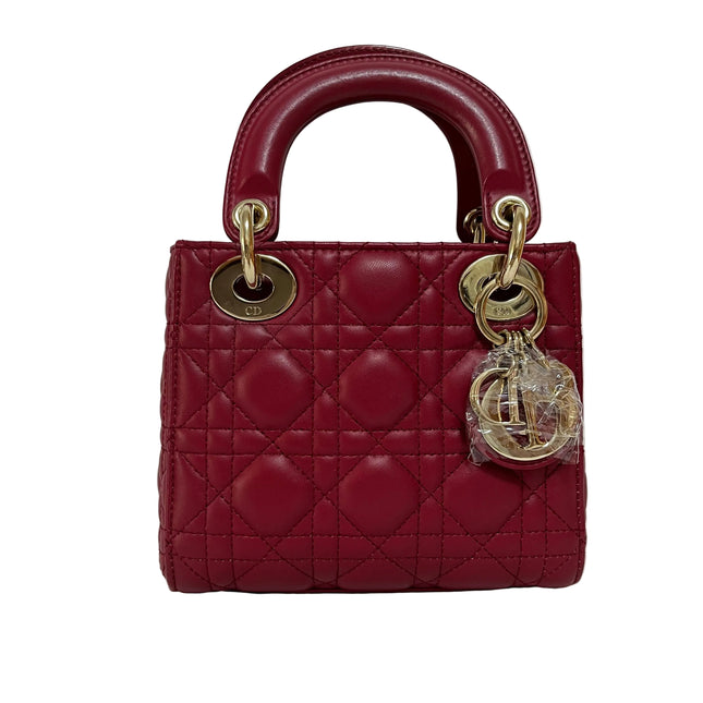 Lady Dior Mini 2020 Dark Red Lambskin Leather Gold HW Chain Strap-Luxbags