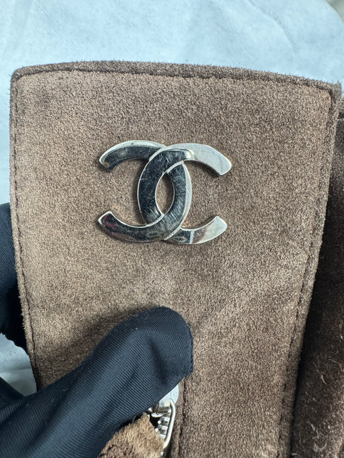 Chanel Mademoiselle Camera Bag Chocolate Brown Suede Silver Chain 2005-2006