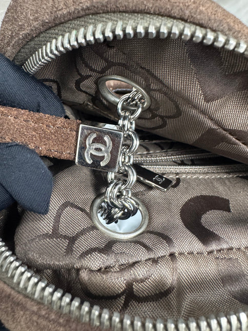Chanel Mademoiselle Camera Bag Chocolate Brown Suede Silver Chain 2005-2006