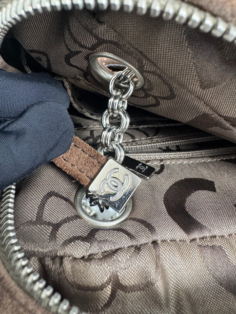 Chanel Mademoiselle Camera Bag Chocolate Brown Suede Silver Chain 2005-2006