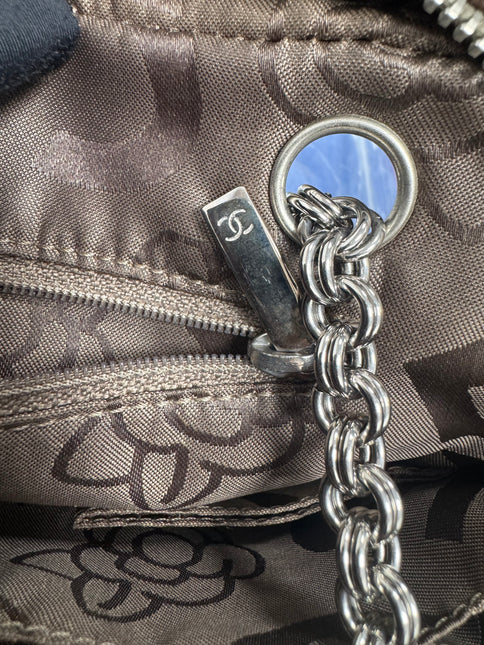 Chanel Mademoiselle Camera Bag Chocolate Brown Suede Silver Chain 2005-2006