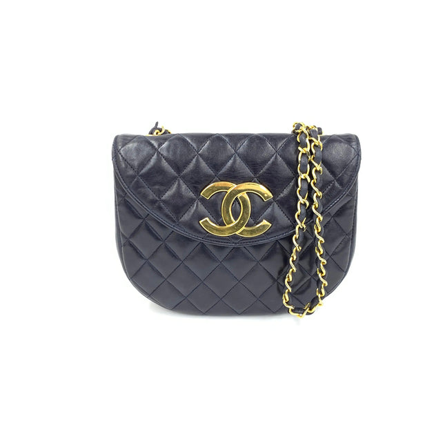 Chanel Vintage Half Moon Flap Bag Navy Lambskin Leather Mega Gold Hardware 1989-1991