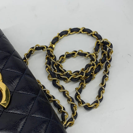 Chanel Vintage Half Moon Flap Bag Navy Lambskin Leather Mega Gold Hardware 1989-1991