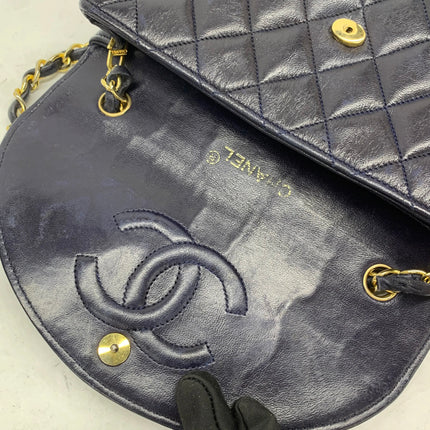 Chanel Vintage Half Moon Flap Bag Navy Lambskin Leather Mega Gold Hardware 1989-1991
