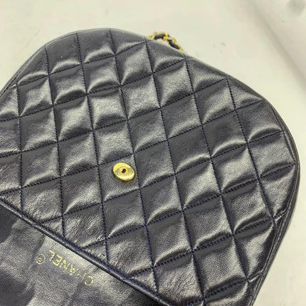 Chanel Vintage Half Moon Flap Bag Navy Lambskin Leather Mega Gold Hardware 1989-1991