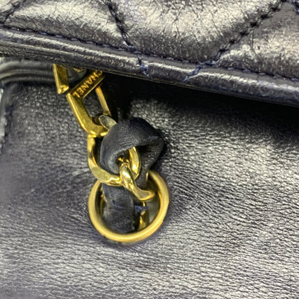 Chanel Vintage Half Moon Flap Bag Navy Lambskin Leather Mega Gold Hardware 1989-1991