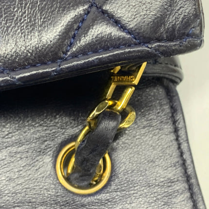 Chanel Vintage Half Moon Flap Bag Navy Lambskin Leather Mega Gold Hardware 1989-1991