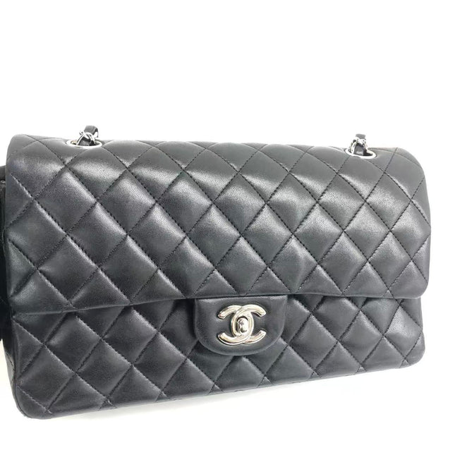 Chanel Timeless Classic Flap Medium 2009 Black Lambskin Leather Silver Hardware