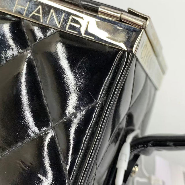 Chanel Vanity Case Vintage Black Patent Leather Silver Clasp Hardware