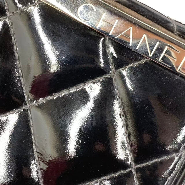 Chanel Vanity Case Vintage Black Patent Leather Silver Clasp Hardware