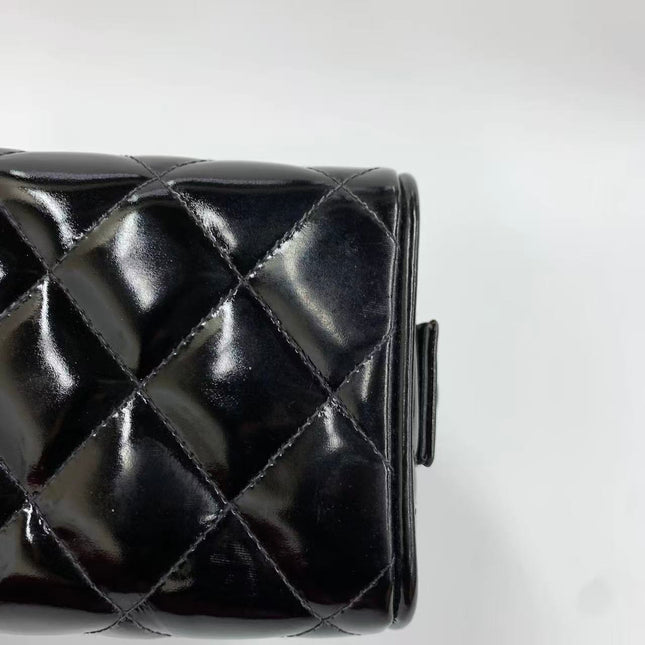 Chanel Vanity Case Vintage Black Patent Leather Silver Clasp Hardware