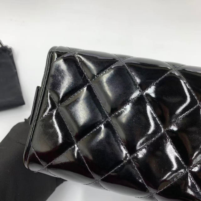 Chanel Vanity Case Vintage Black Patent Leather Silver Clasp Hardware