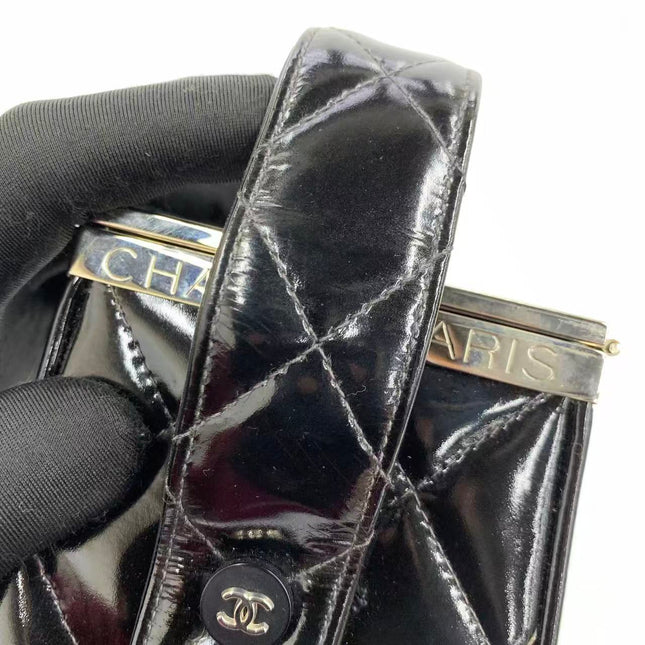 Chanel Vanity Case Vintage Black Patent Leather Silver Clasp Hardware