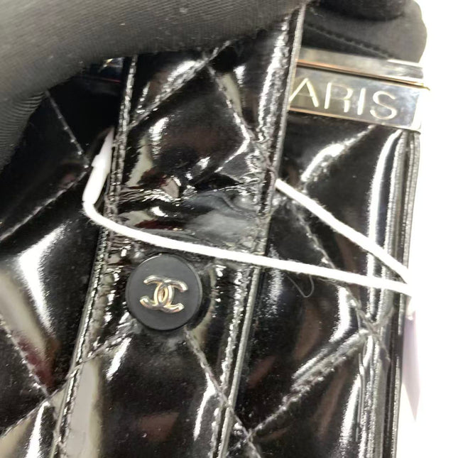 Chanel Vanity Case Vintage Black Patent Leather Silver Clasp Hardware