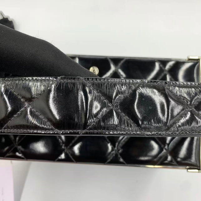 Chanel Vanity Case Vintage Black Patent Leather Silver Clasp Hardware