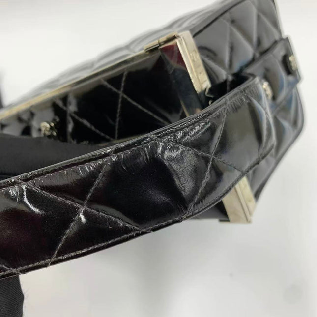 Chanel Vanity Case Vintage Black Patent Leather Silver Clasp Hardware