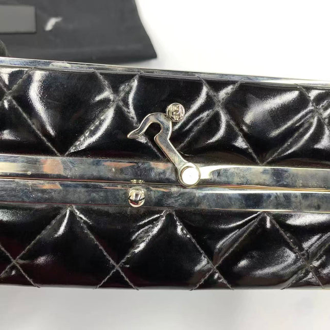 Chanel Vanity Case Vintage Black Patent Leather Silver Clasp Hardware