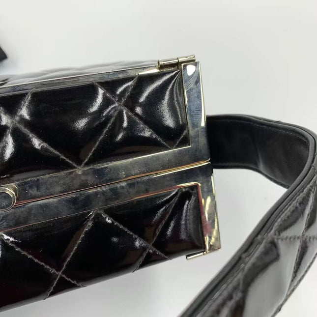 Chanel Vanity Case Vintage Black Patent Leather Silver Clasp Hardware