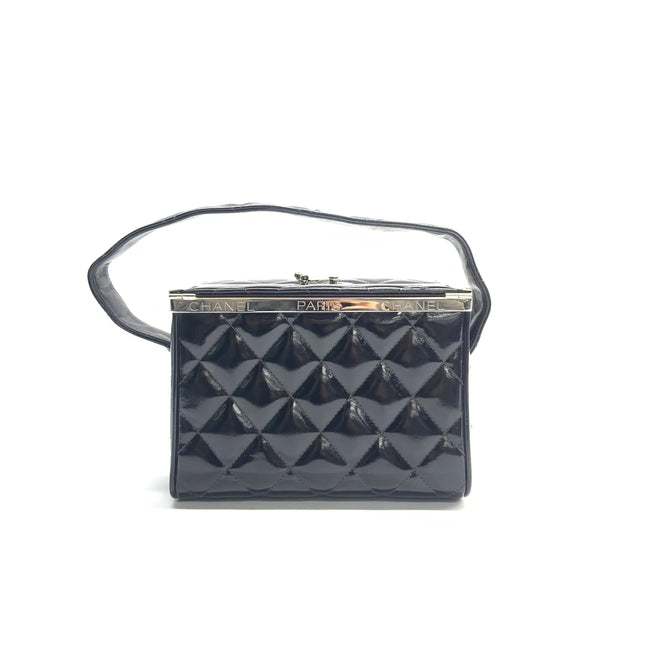Chanel Vanity Case Vintage Black Patent Leather Silver Clasp Hardware-Luxbags