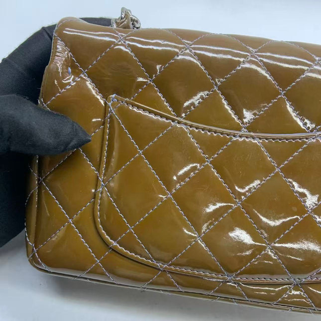 Chanel Classic Flap Mini 2012 Brown Patent Leather Silver Hardware