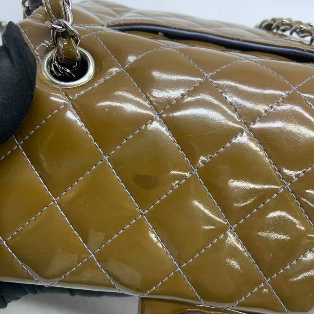 Chanel Classic Flap Mini 2012 Brown Patent Leather Silver Hardware