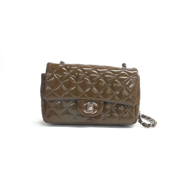 Chanel Classic Flap Mini 2012 Brown Patent Leather Silver Hardware