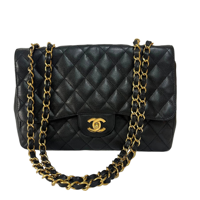 Chanel Classic Flap Jumbo 2008 Black Caviar Leather Single Flap 24k Gold Hardware-Luxbags