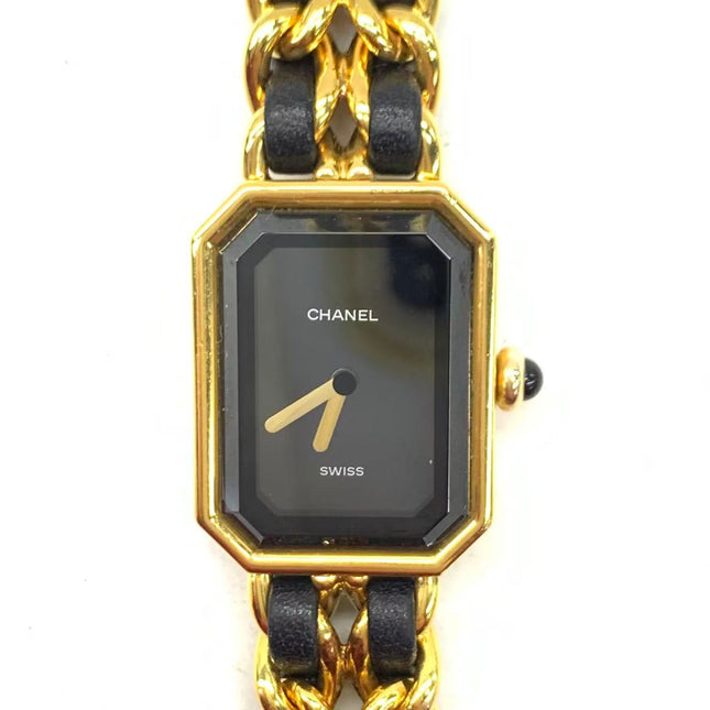 CHANEL Vintage PREMIERE Watch L Black Leather and 24KT Yellow Gold Plated-Luxbags