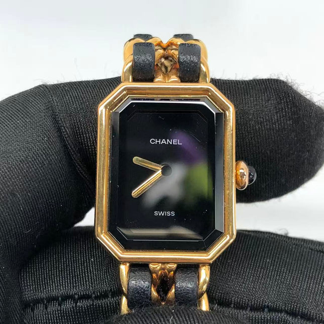 CHANEL Vintage PREMIERE Watch L Black Leather and 24KT Yellow Gold Plated