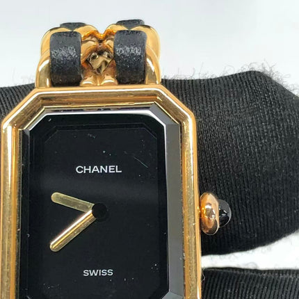 CHANEL Vintage PREMIERE Watch L Black Leather and 24KT Yellow Gold Plated