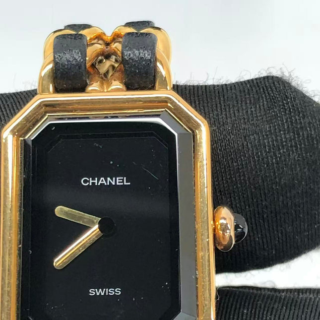 CHANEL Vintage PREMIERE Watch L Black Leather and 24KT Yellow Gold Plated