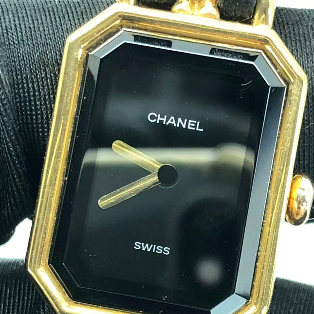 CHANEL Vintage PREMIERE Watch L Black Leather and 24KT Yellow Gold Plated