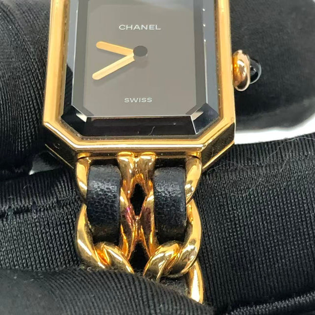CHANEL Vintage PREMIERE Watch L Black Leather and 24KT Yellow Gold Plated