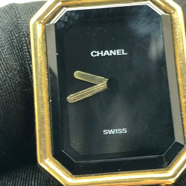 CHANEL Vintage PREMIERE Watch L Black Leather and 24KT Yellow Gold Plated