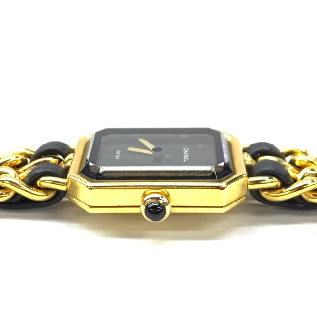 CHANEL Vintage PREMIERE Watch L Black Leather and 24KT Yellow Gold Plated