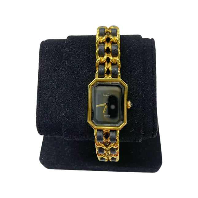 CHANEL Vintage PREMIERE Watch L Black Leather and 24KT Yellow Gold Plated