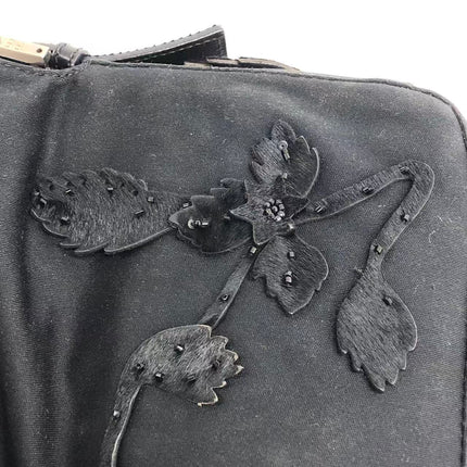 FENDI Baguette Vintage Black Cloth With Flower Embroidery Silver Hardware