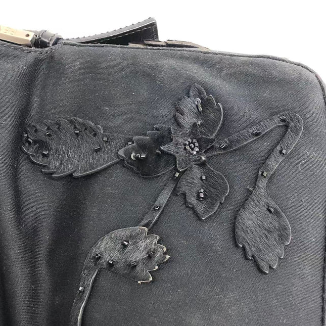 FENDI Baguette Vintage Black Cloth With Flower Embroidery Silver Hardware