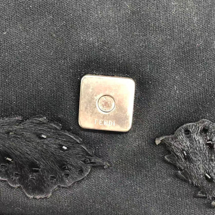 FENDI Baguette Vintage Black Cloth With Flower Embroidery Silver Hardware